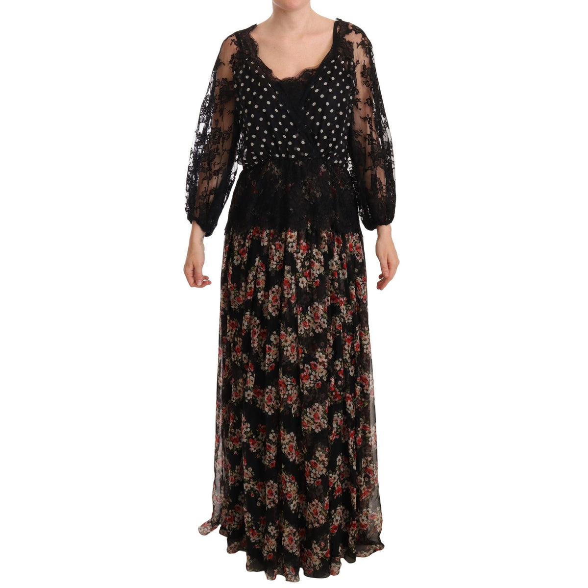 Dolce & Gabbana Black Lace Floral Polka Maxi Capri Dress