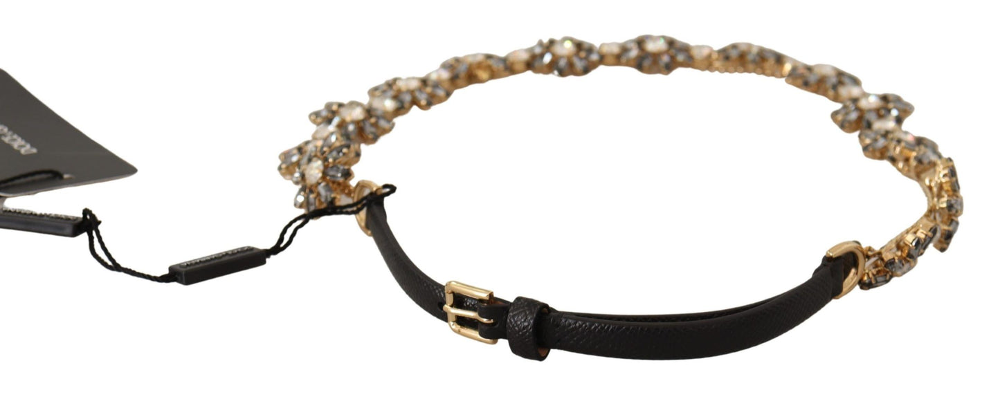 Dolce & Gabbana Black Daisy Crystal Dauphine Texture Belt Dolce & Gabbana