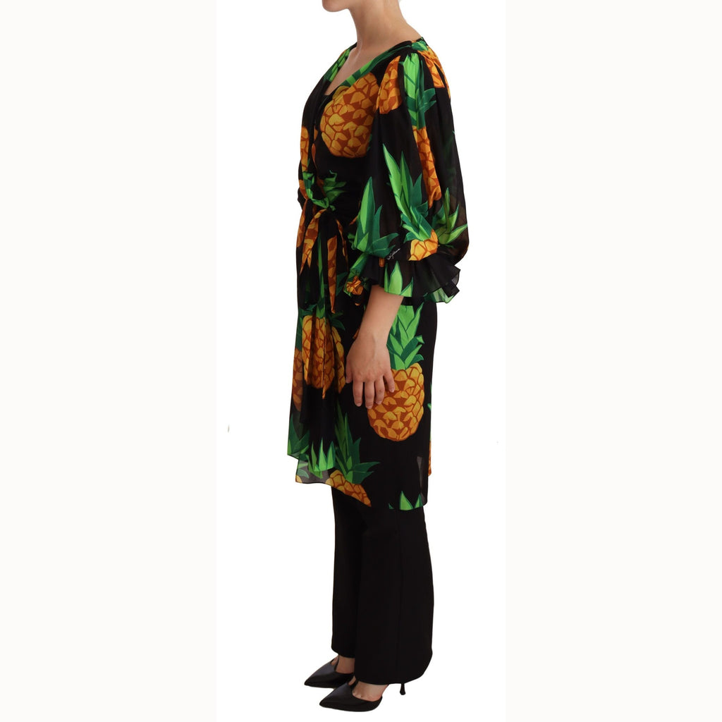 Dolce & Gabbana Black Ananas Print Wrap Stretch Silk Dress