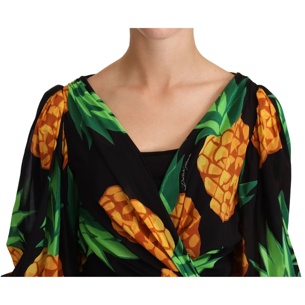 Dolce & Gabbana Black Ananas Print Wrap Stretch Silk Dress