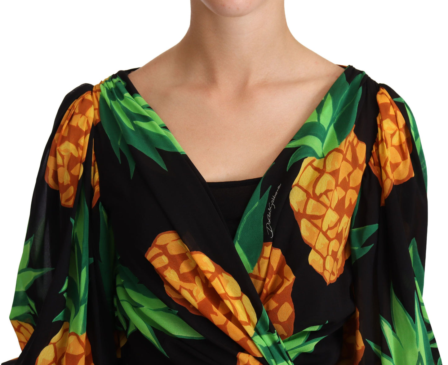 Dolce & Gabbana Black Ananas Print Wrap Stretch Silk Dress Dolce & Gabbana