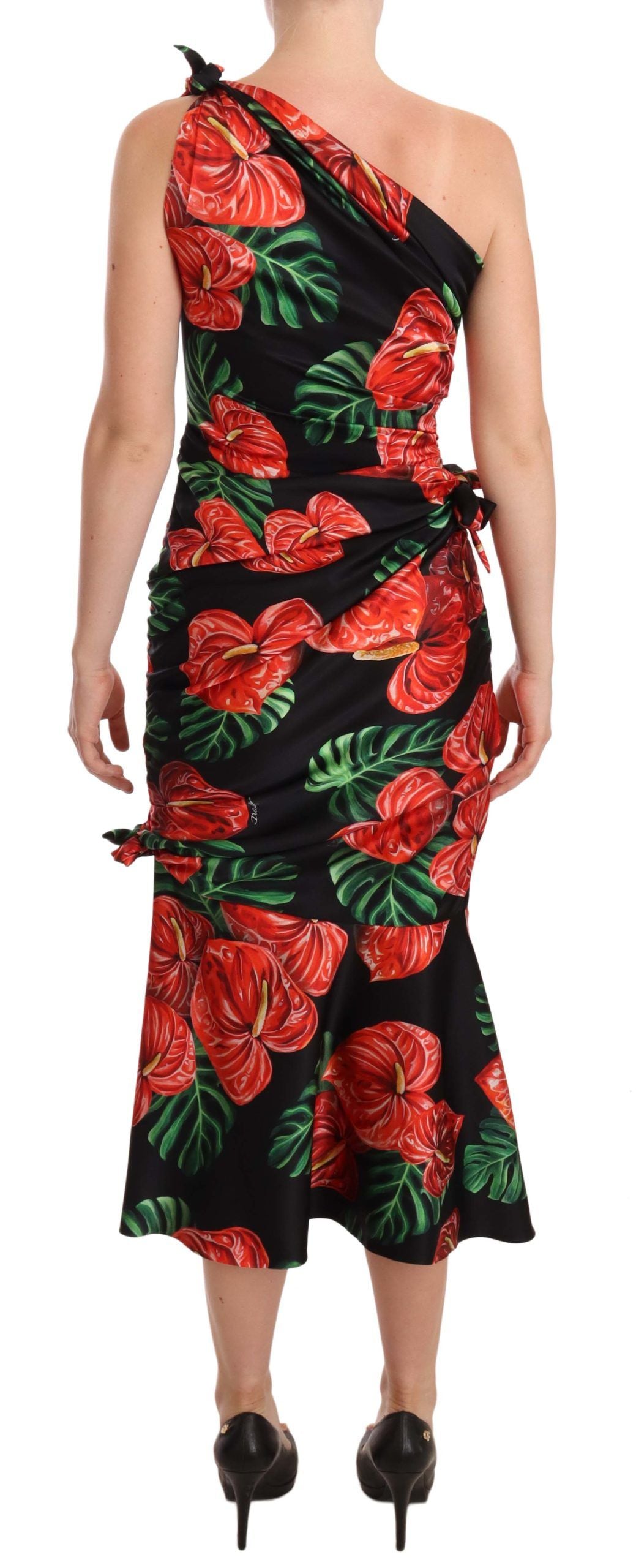 Dolce & Gabbana Black Shiny Silk Floral Print Draped Dress Dolce & Gabbana