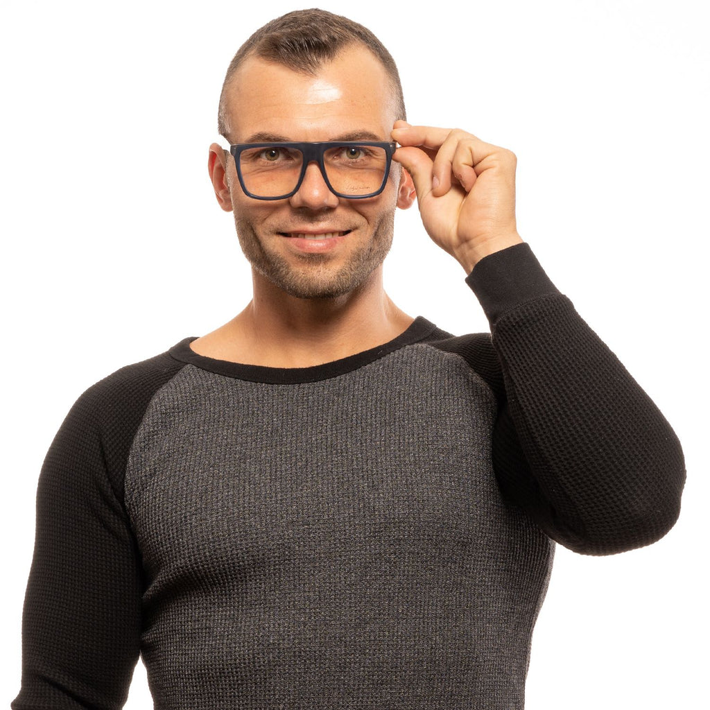 Yohji Yamamoto blue plastic glasses frames, stylish eyewear with a modern design, shown from a side angle.
