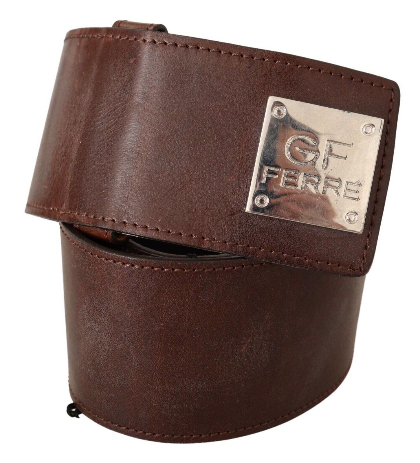 GF Ferre Brown Genuine Leather Wide Logo Buckle Waist Belt GF Ferre