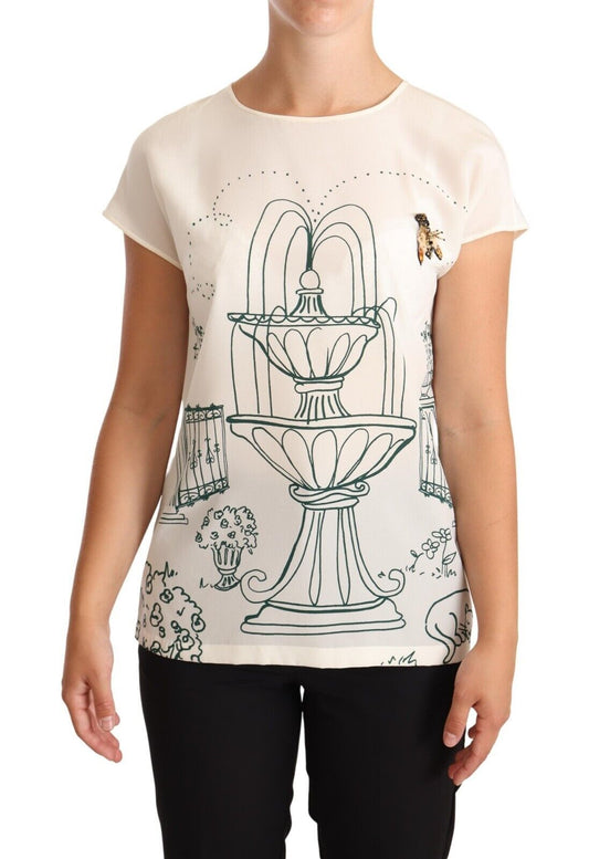 Dolce & Gabbana White Silk Garden Fountain T-Shirt Blouse Dolce & Gabbana