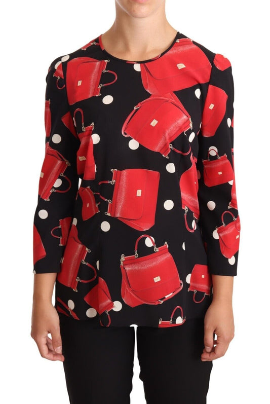 Dolce & Gabbana Black Sicily Bag Print Silk Stretch Top Blouse Dolce & Gabbana