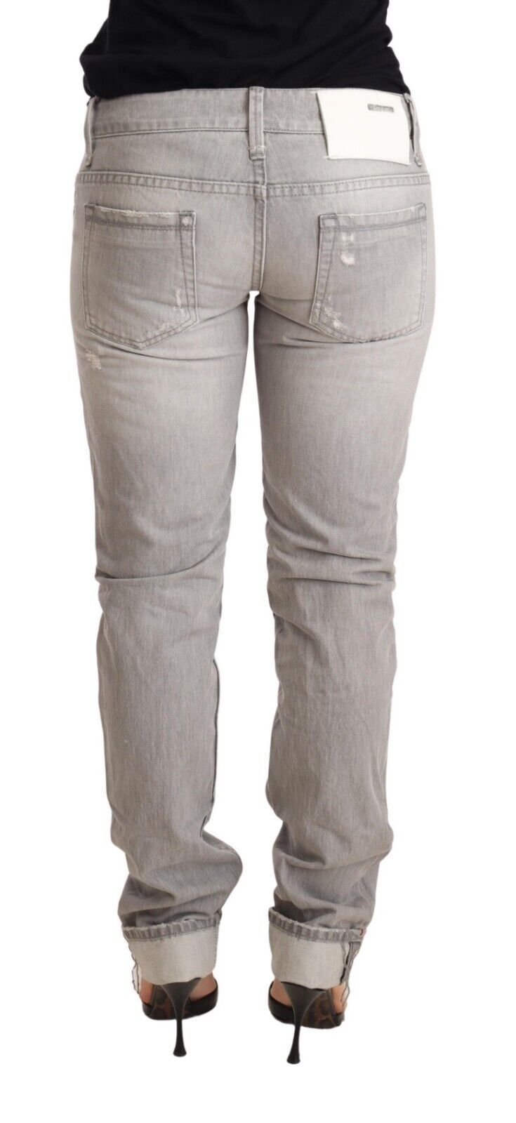 Acht Gray Tattered Cotton Slim Fit Folded Hem Women Denim Jeans Acht