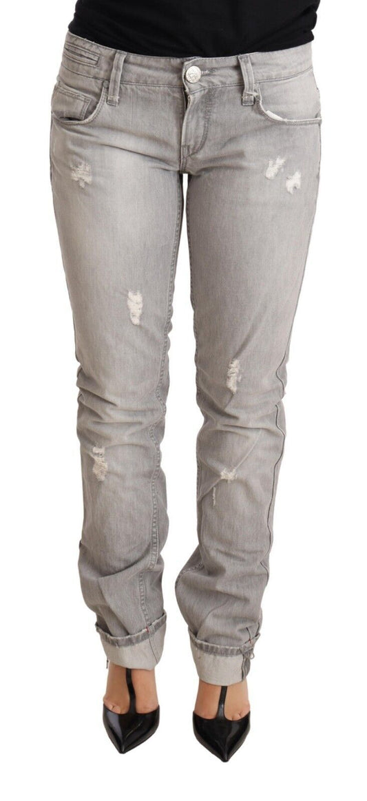 Acht Gray Tattered Cotton Slim Fit Folded Hem Women Denim Jeans Acht