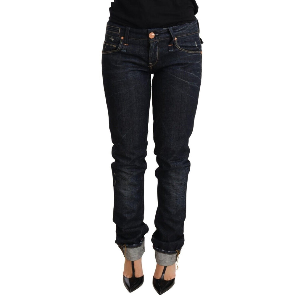Acht Dark Blue Cotton Slim Fit Folded Hem Women Denim Trouser Jeans