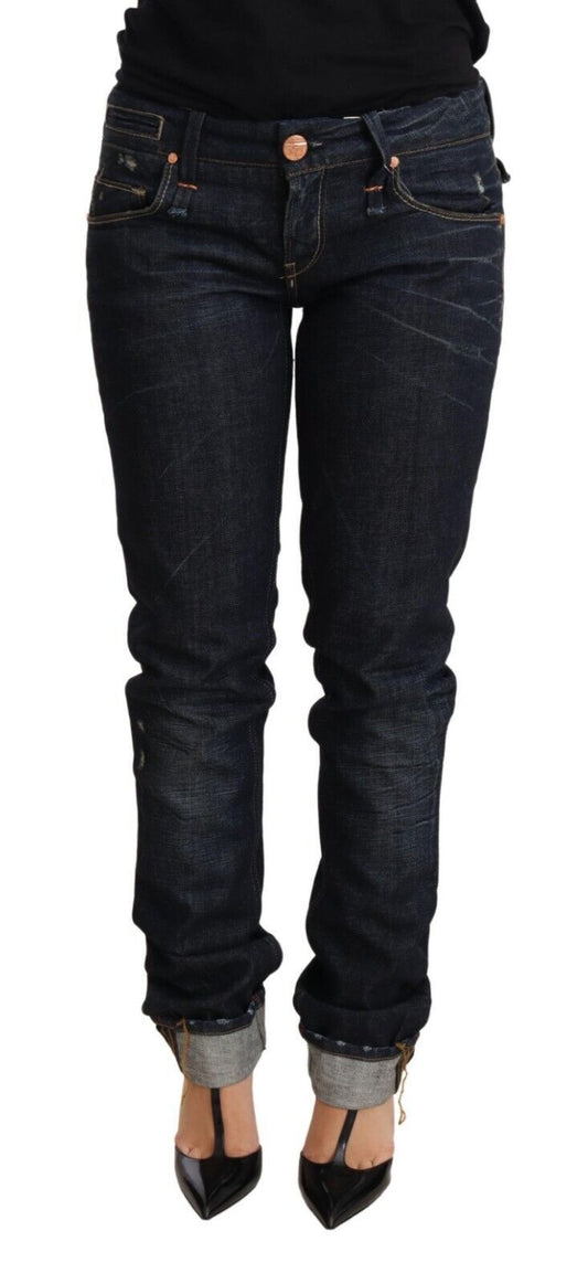 Acht Dark Blue Cotton Slim Fit Folded Hem Women Denim Trouser Jeans Acht