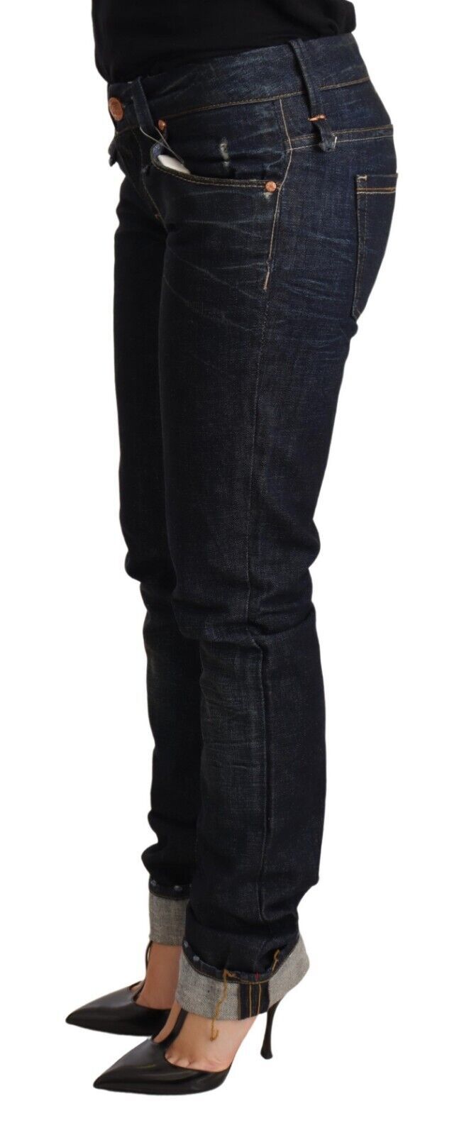 Acht Dark Blue Cotton Slim Fit Folded Hem Women Denim Trouser Jeans Acht