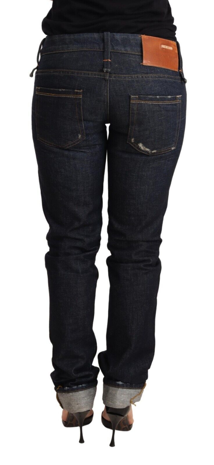 Acht Dark Blue Cotton Slim Fit Folded Hem Women Denim Trouser Jeans Acht