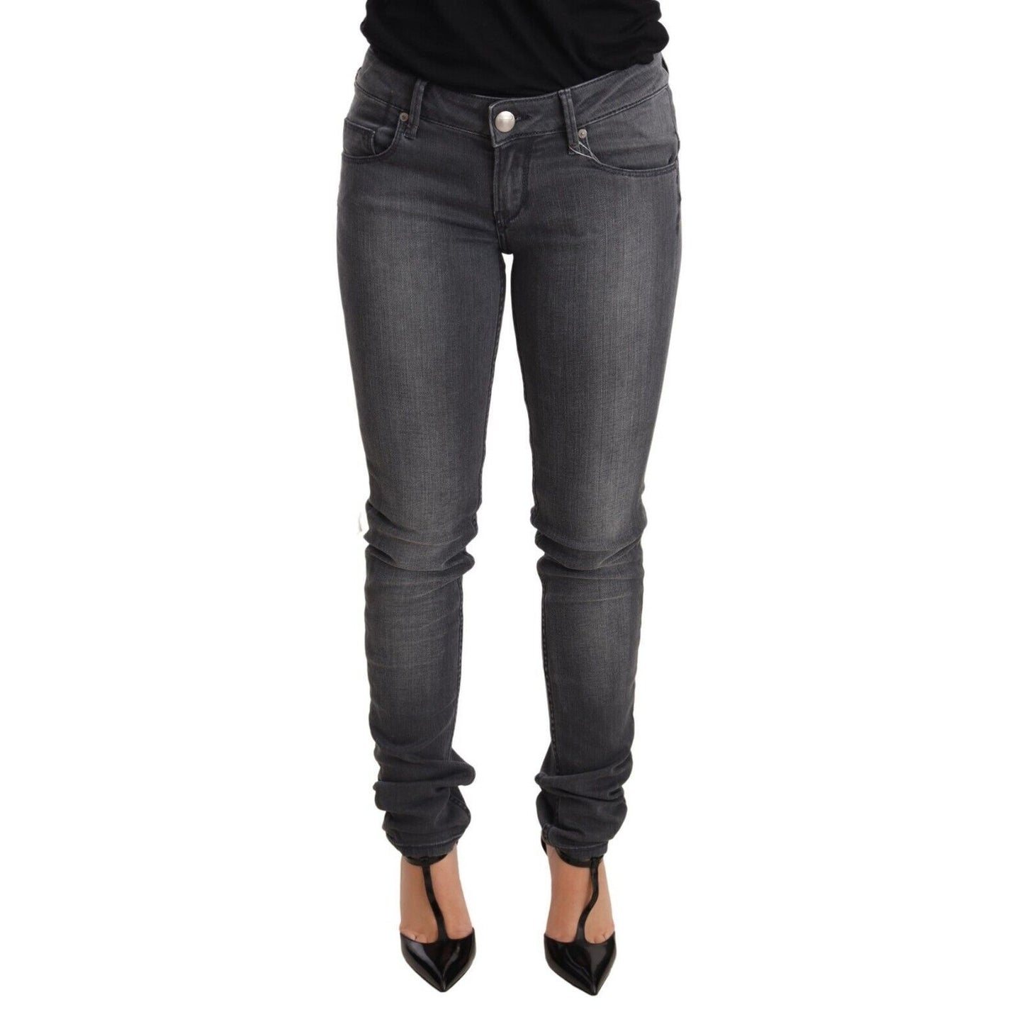 Acht Gray Washed Cotton Slim Fit Low Waist Women Denim Trouser Jeans Acht