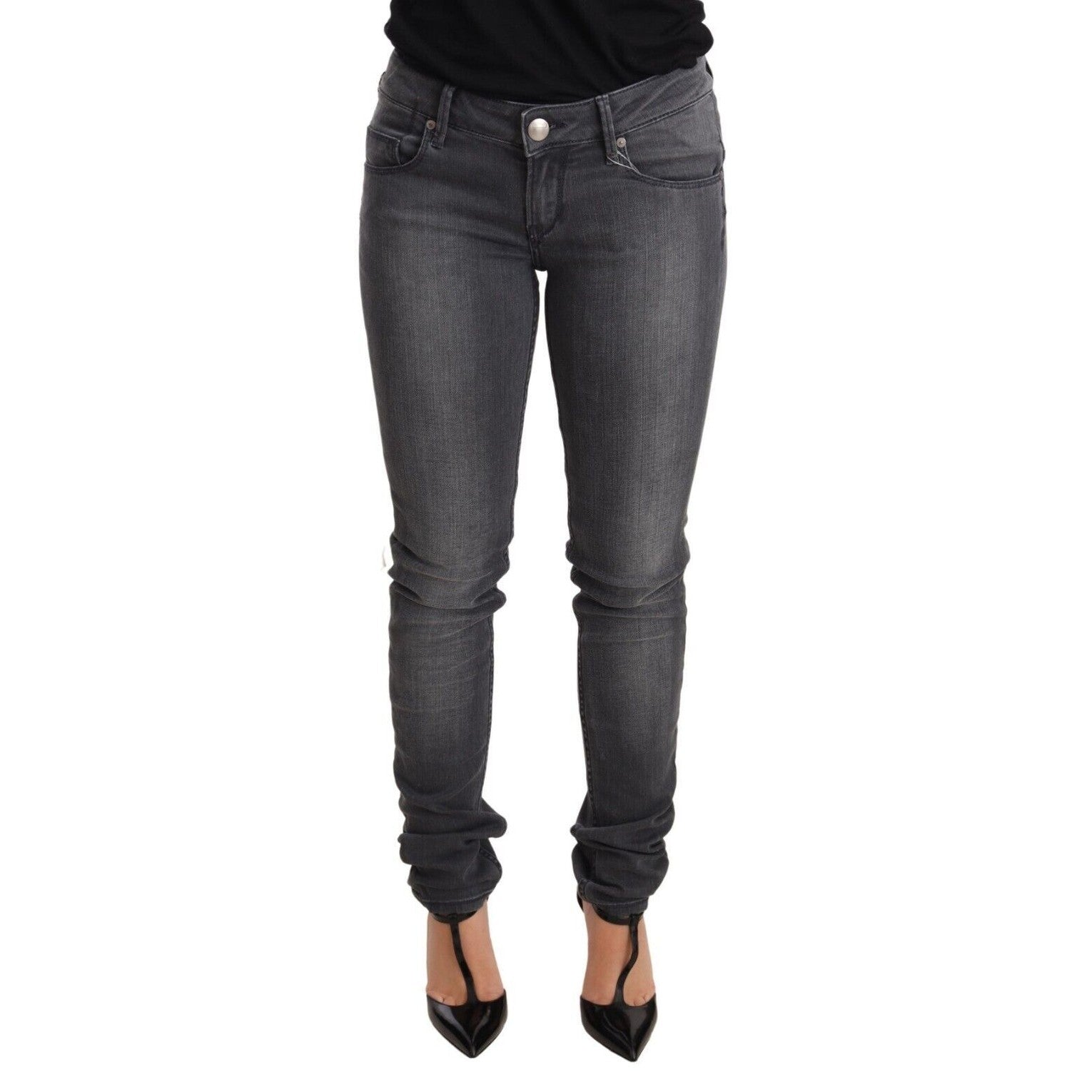 Acht Gray Washed Cotton Slim Fit Low Waist Women Denim Trouser Jeans Acht