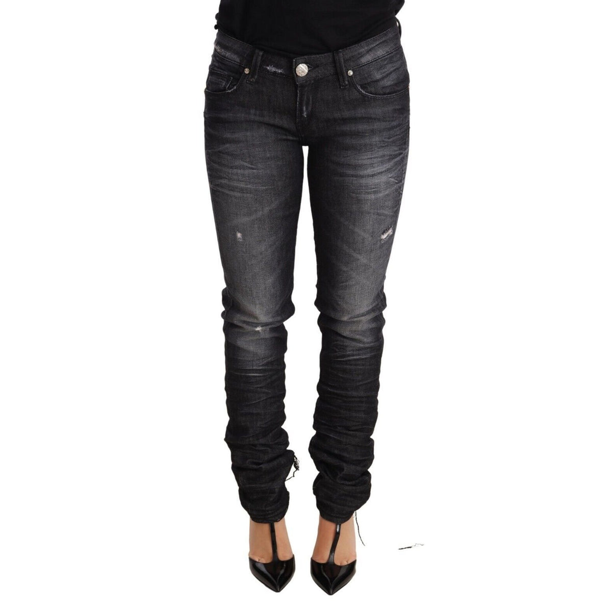 Acht Black Washed Cotton Low Waist Skinny Denim Trouser Jeans