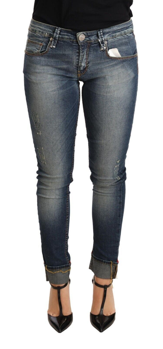Acht Blue Washed Cotton Low Waist Skinny Denim Women Trouser Jeans Acht
