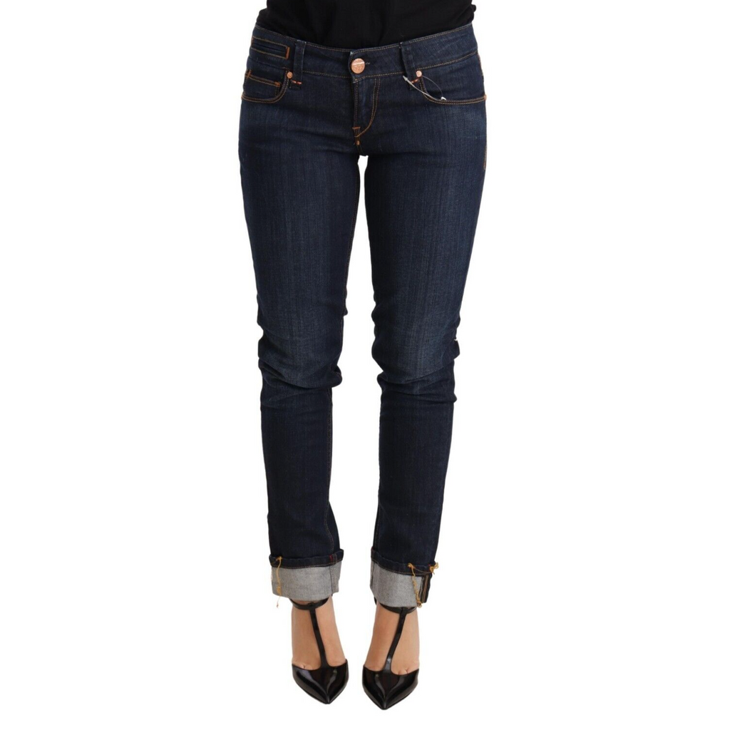 Acht Blue Washed Cotton Low Waist Skinny Denim Women Trouser Jeans