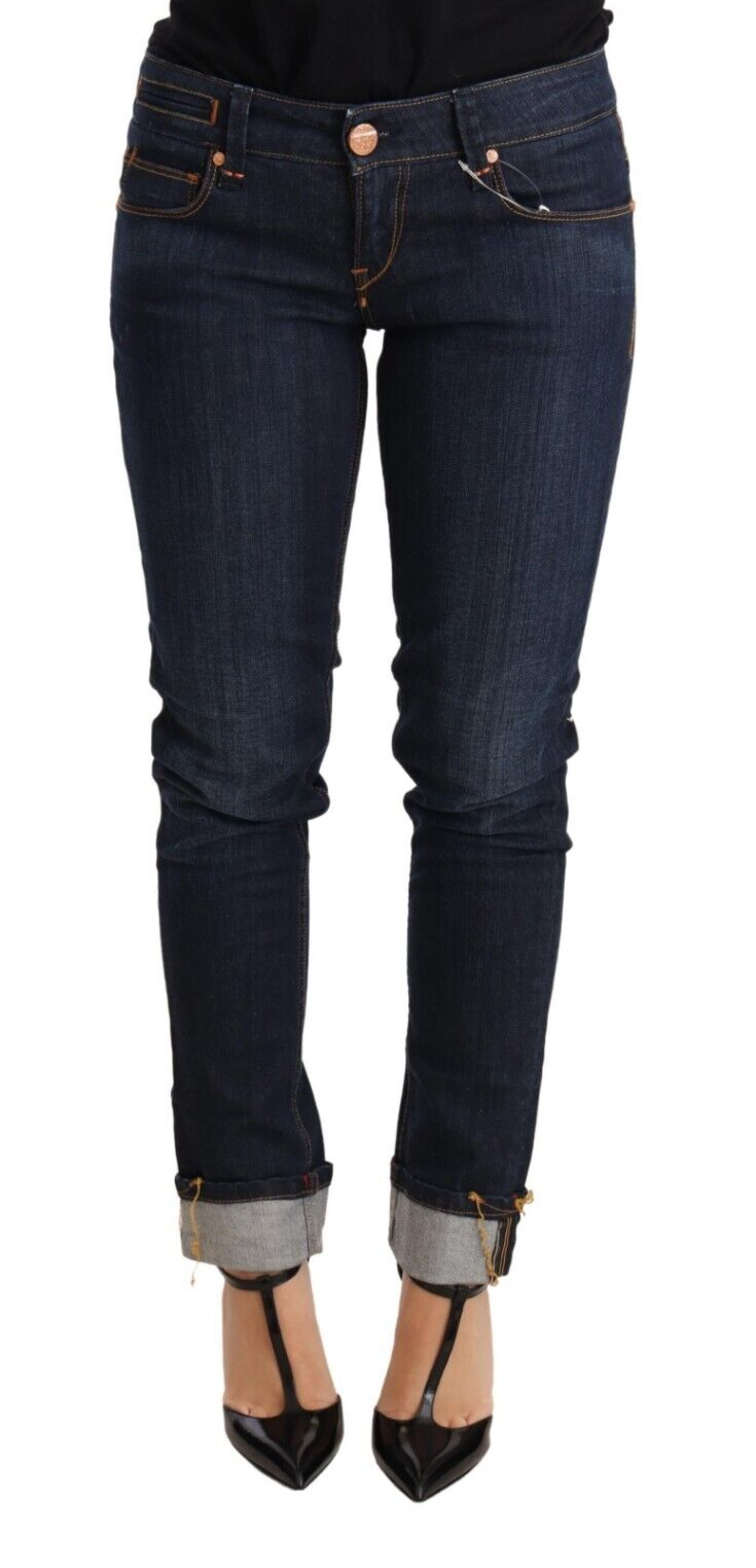 Acht Blue Washed Cotton Low Waist Skinny Denim Women Trouser Jeans Acht