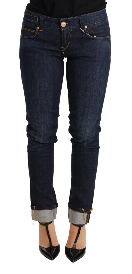 Acht Blue Washed Cotton Low Waist Skinny Denim Women Trouser Jeans Acht