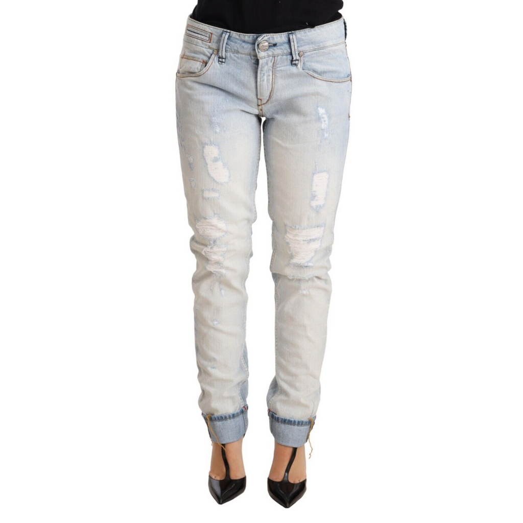 Acht Light Blue Distressed Cotton Folded Hem Denim Trouser Jeans