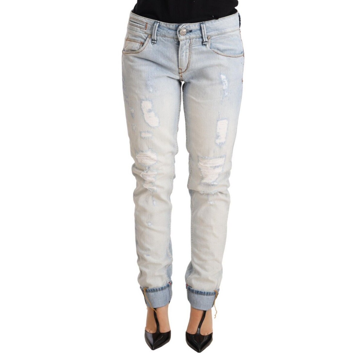 Acht Light Blue Distressed Cotton Folded Hem Denim Trouser Jeans