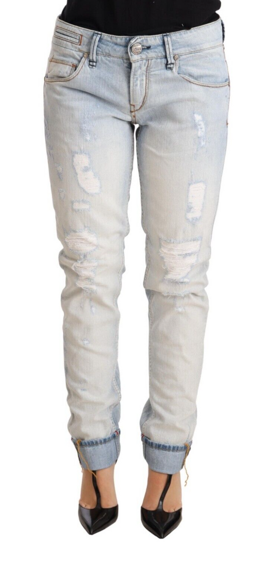 Acht Light Blue Distressed Cotton Folded Hem Denim Trouser Jeans Acht