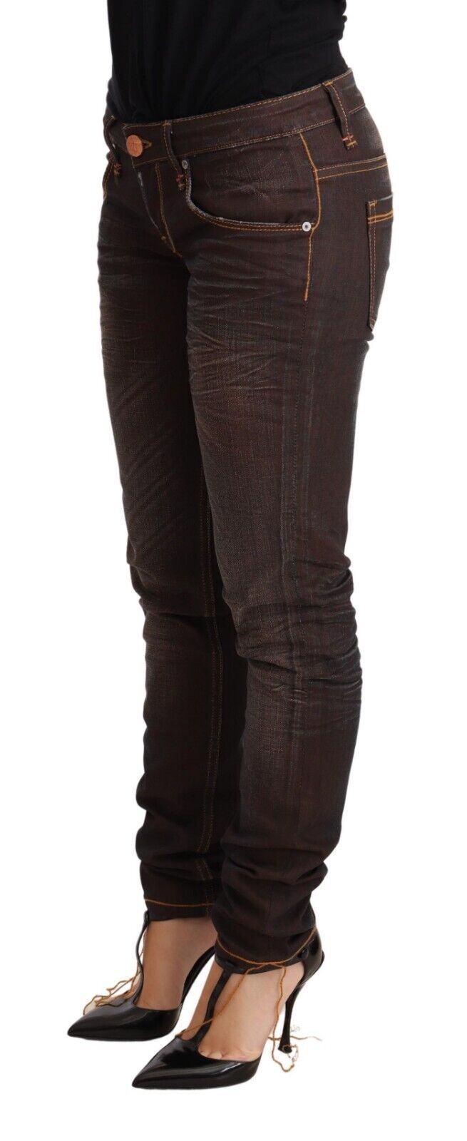 Acht Brown Washed Cotton Slim Fit Denim Low Waist Trouser Jeans Acht