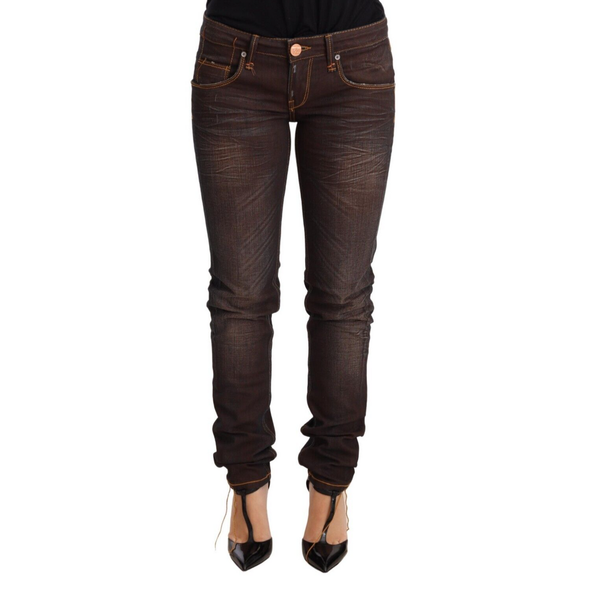 Acht Brown Washed Cotton Slim Fit Denim Low Waist Trouser Jeans