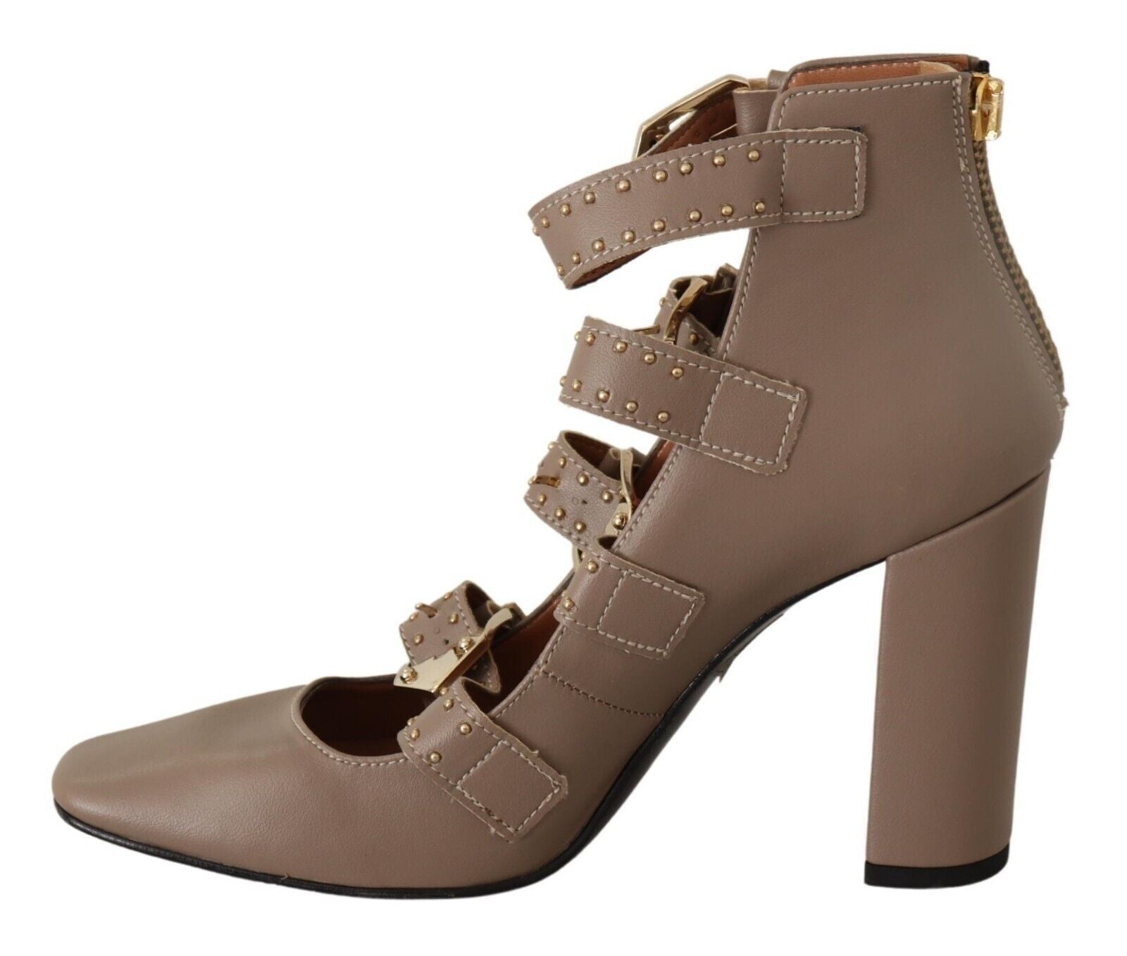 MY TWIN Brown Leather Block Heels Multi Buckle Pumps Shoes MY TWIN