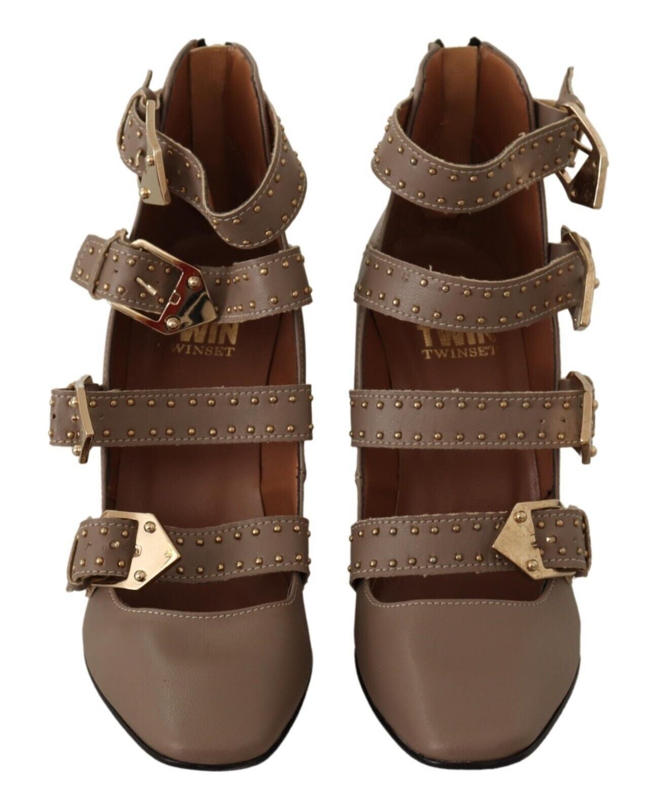 MY TWIN Brown Leather Block Heels Multi Buckle Pumps Shoes MY TWIN