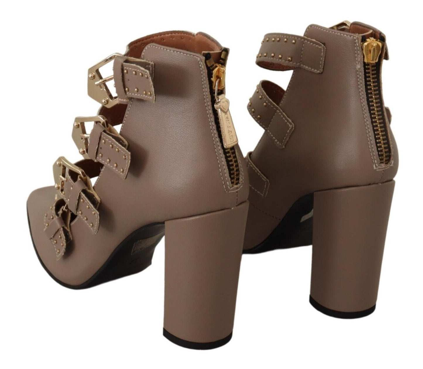MY TWIN Brown Leather Block Heels Multi Buckle Pumps Shoes MY TWIN