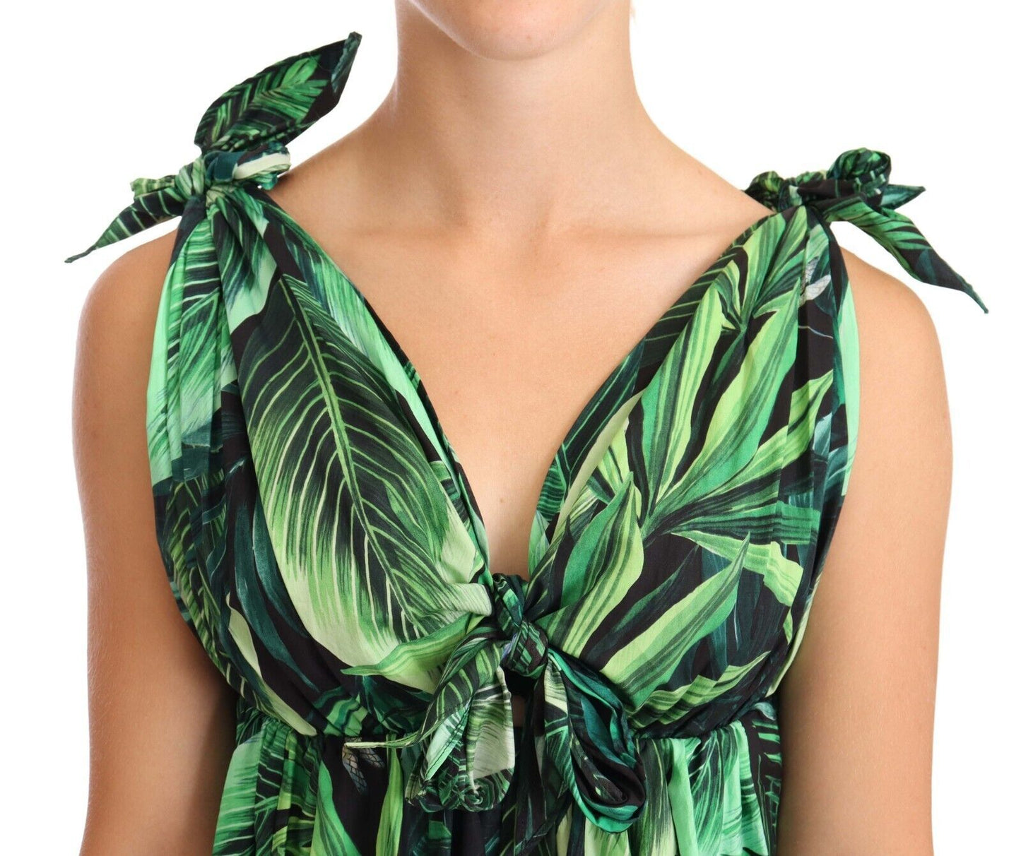 Dolce & Gabbana Green Leaves Print Cotton Flared Mini Dress Dolce & Gabbana
