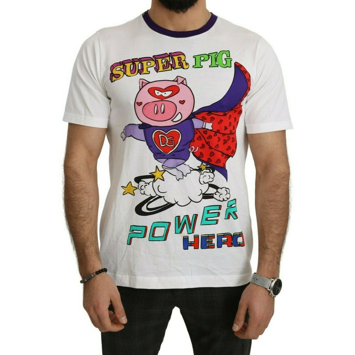 Dolce & Gabbana White Cotton Top Super Power Pig T-shirt