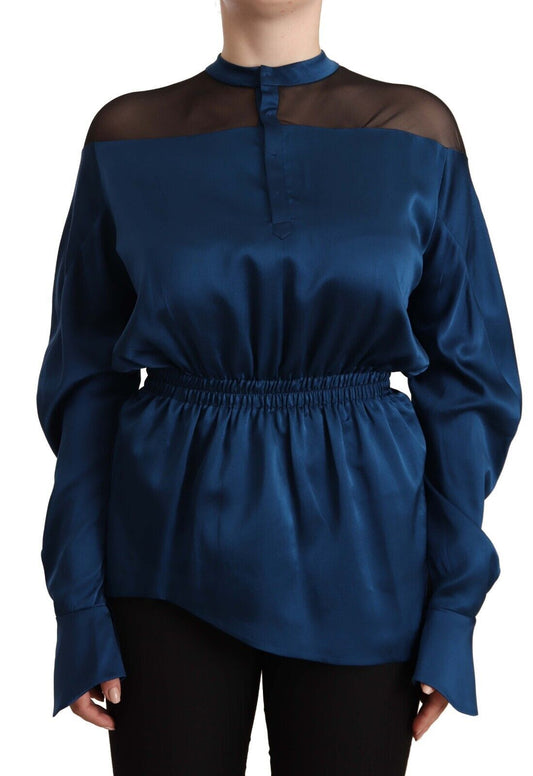Masha Ma Blue Silk Long Sleeves Elastic Waist Top Blouse Masha Ma
