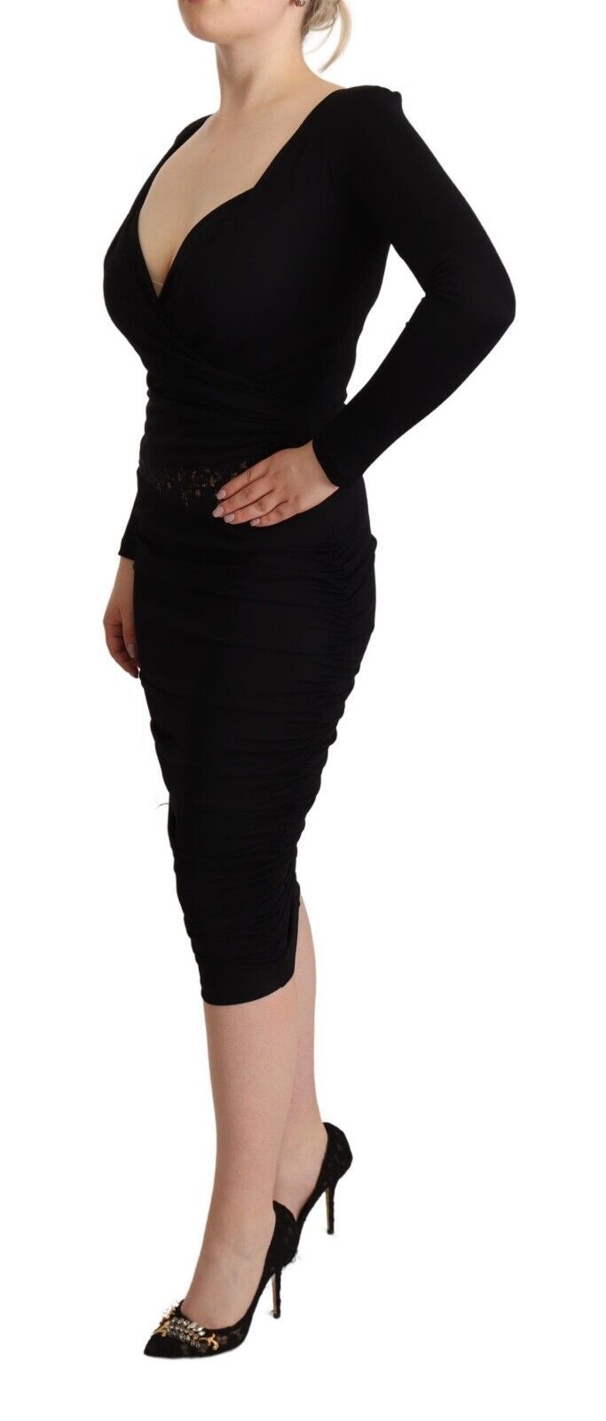 GF Ferre Black Long Sleeves Sweetheart Neck Midi Dress GF Ferre