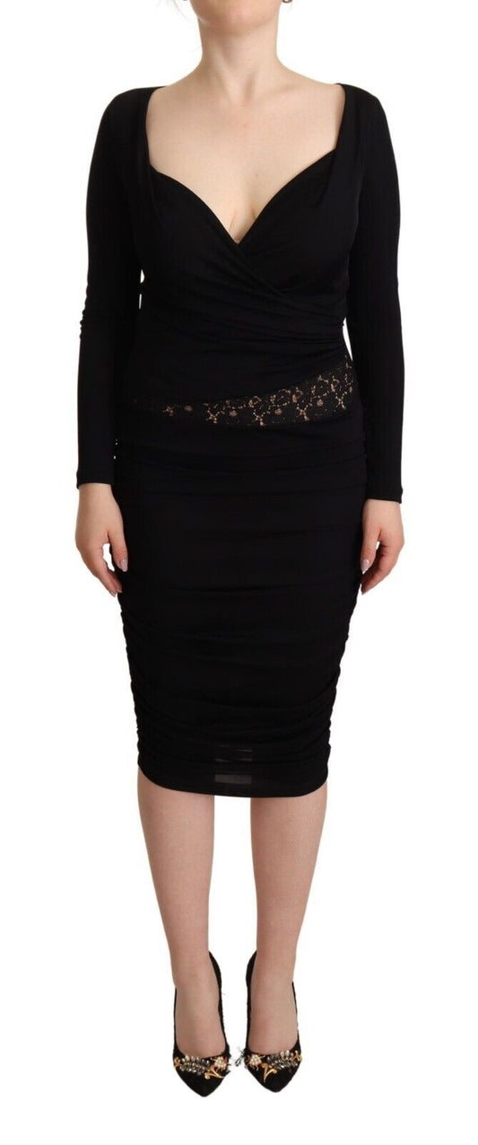 GF Ferre Black Long Sleeves Sweetheart Neck Midi Dress GF Ferre