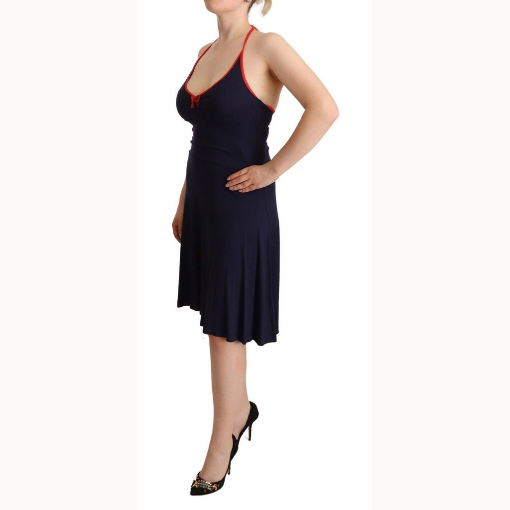 Roccobarocco Navy Blue Sleeveless Halter Sheath Midi Dress