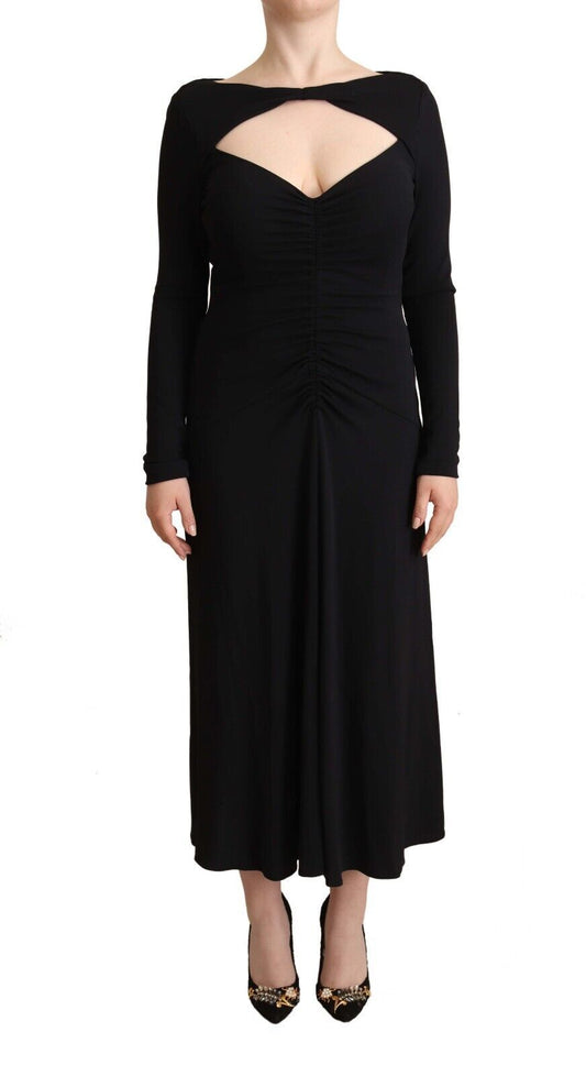 PINKO Black Nylon Stretch Long Sleeves Deep V-neck Maxi Dress PINKO