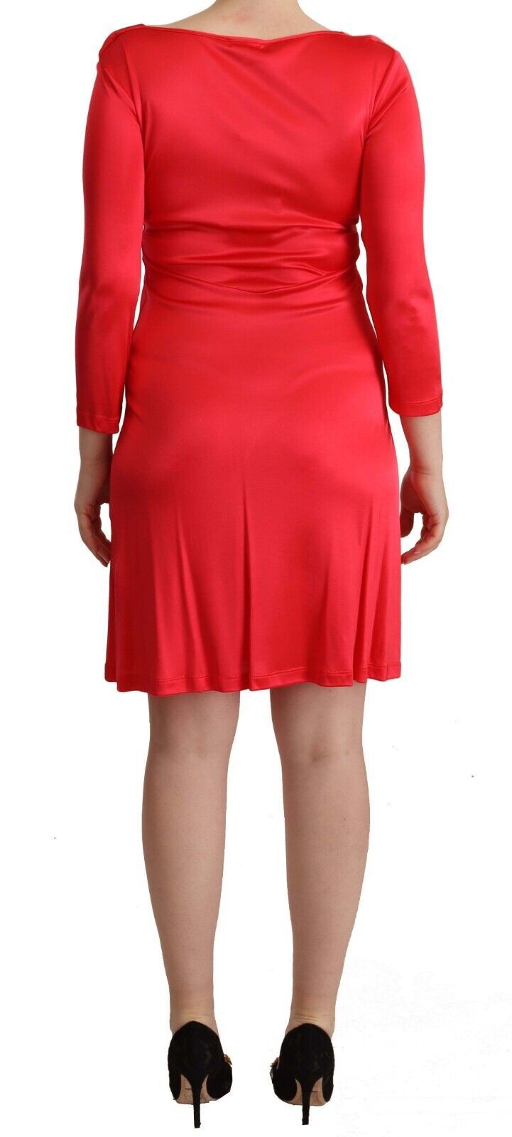 John Galliano Red Viscose 3/4 Sleeves Deep Round Neck Sheath Dress John Galliano