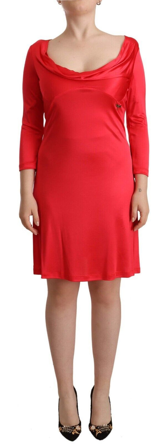 John Galliano Red Viscose 3/4 Sleeves Deep Round Neck Sheath Dress John Galliano