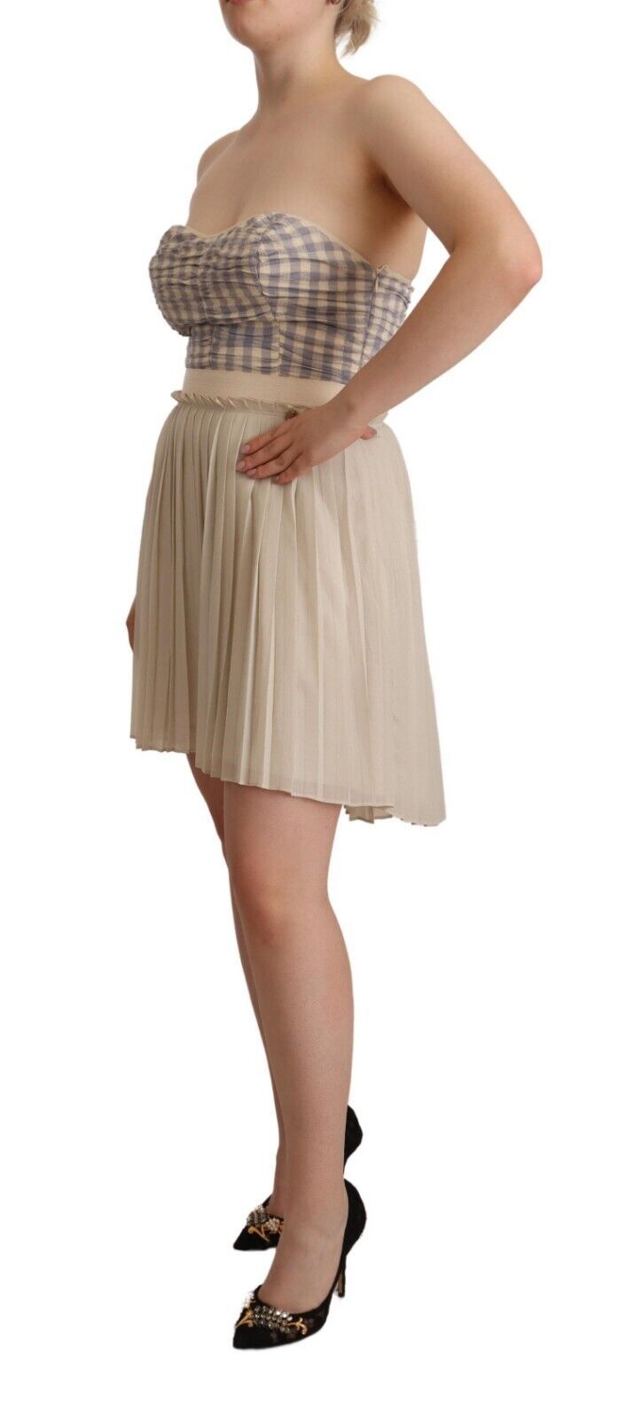Guess Beige Checkered Pleated A-line Strapless Bustier Dress Guess