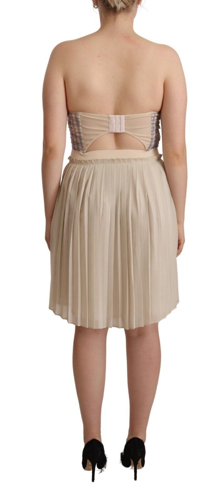 Guess Beige Checkered Pleated A-line Strapless Bustier Dress Guess