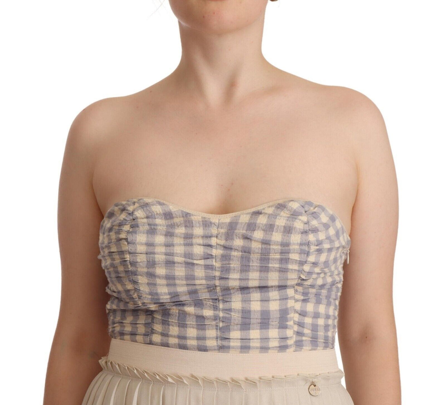 Guess Beige Checkered Pleated A-line Strapless Bustier Dress Guess