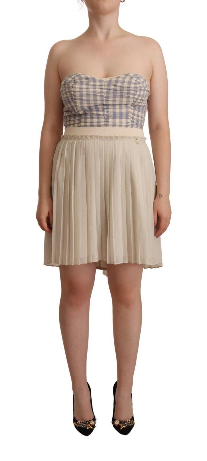 Guess Beige Checkered Pleated A-line Strapless Bustier Dress Guess