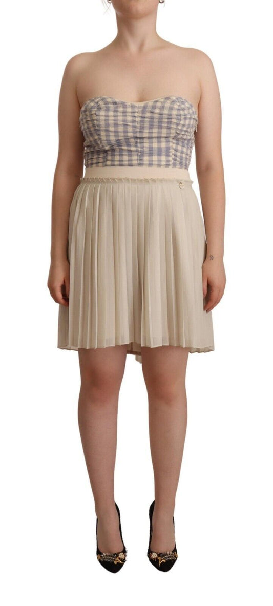 Guess Beige Checkered Pleated A-line Strapless Bustier Dress Guess
