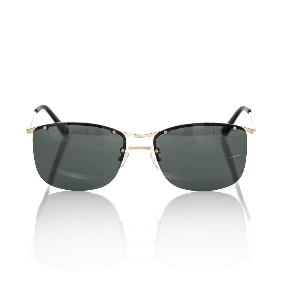 Black metallic fibre men’s sunglasses by Frankie Morello with sleek frame and dark tinted lenses.