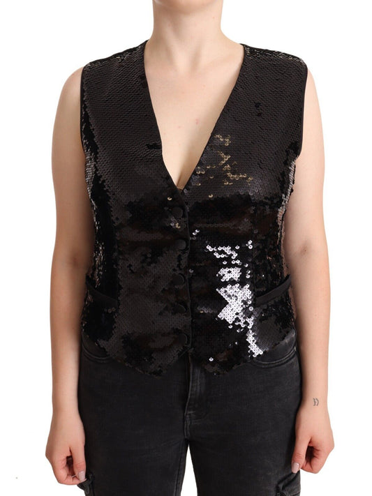 Dolce & Gabbana Black Sequin V-Neck Sleeveless Vest Tank Top Dolce & Gabbana