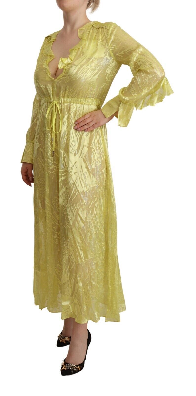 Patrizia Pepe Yellow Silk Long Sleeves Plunging Maxi Dress Patrizia Pepe