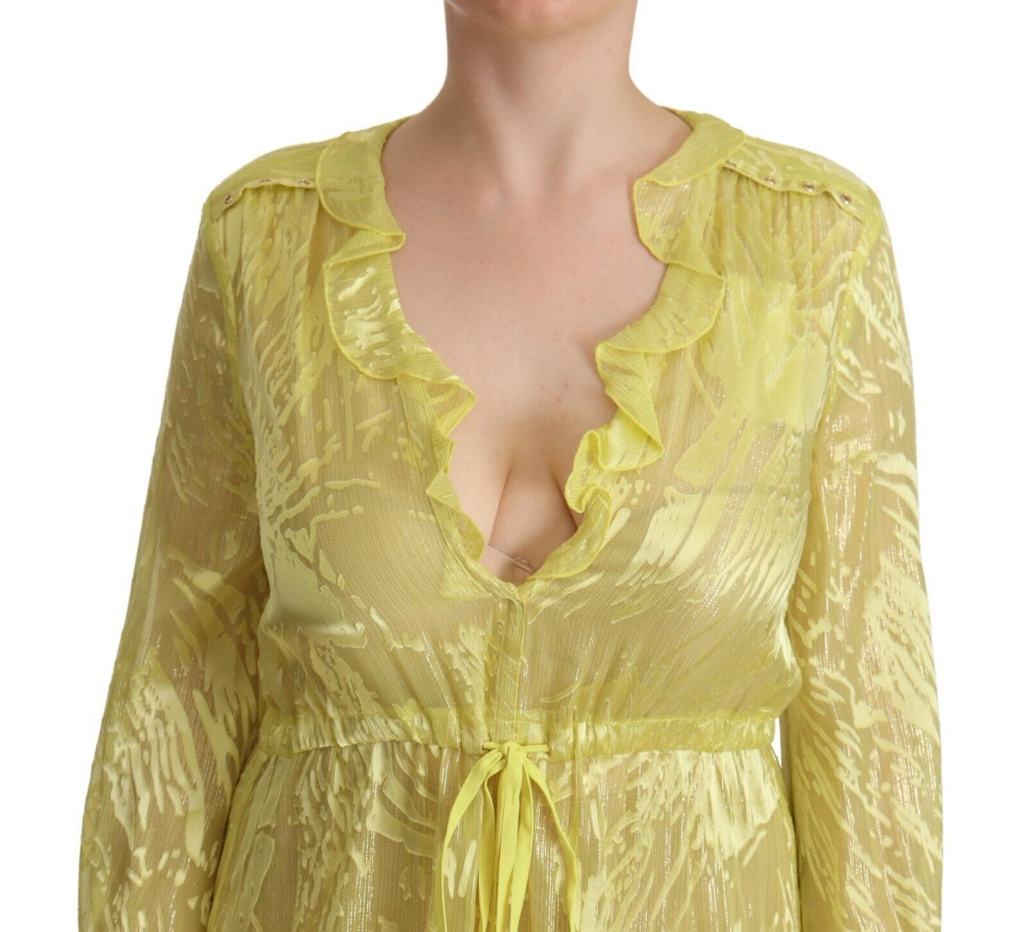 Patrizia Pepe Yellow Silk Long Sleeves Plunging Maxi Dress Patrizia Pepe