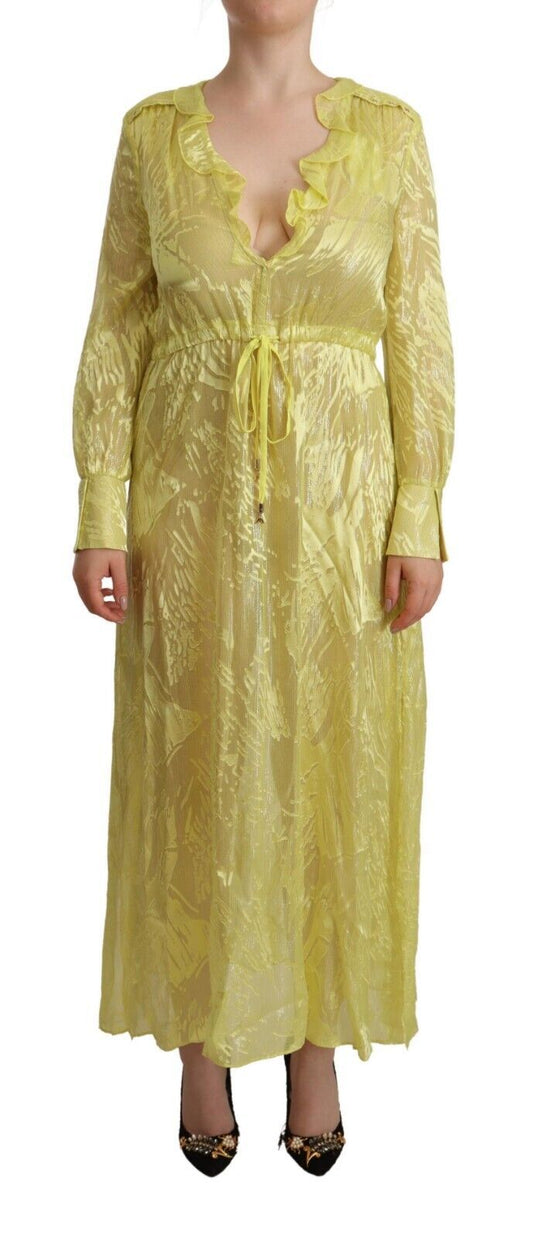 Patrizia Pepe Yellow Silk Long Sleeves Plunging Maxi Dress Patrizia Pepe